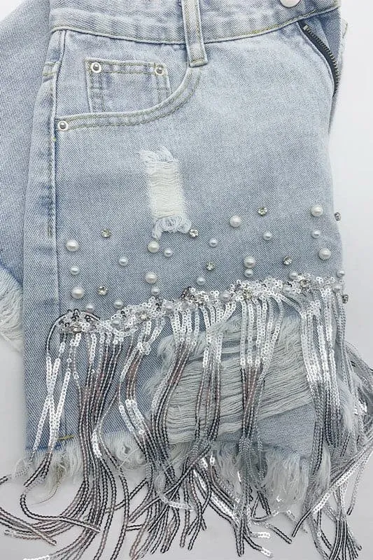 PN377 Rhinestone Pearl Denim Shorts