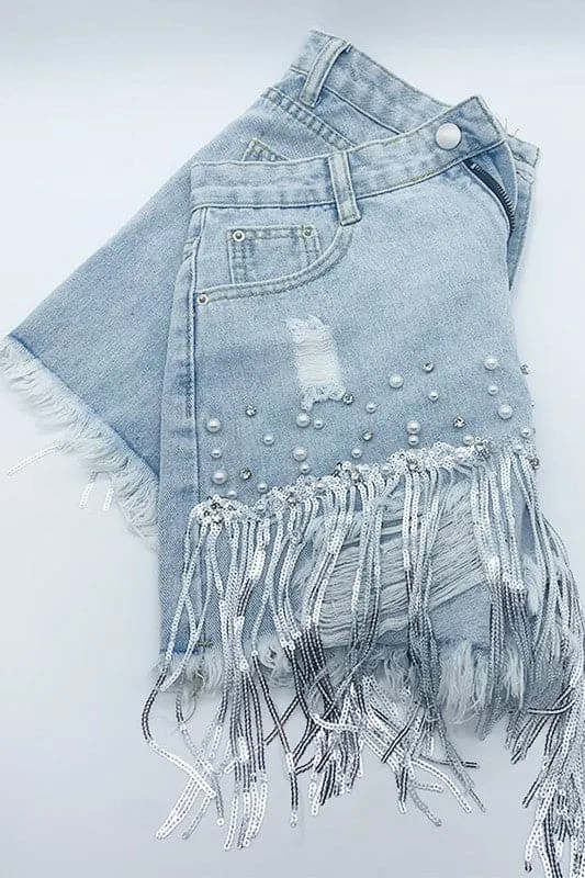 PN377 Rhinestone Pearl Denim Shorts