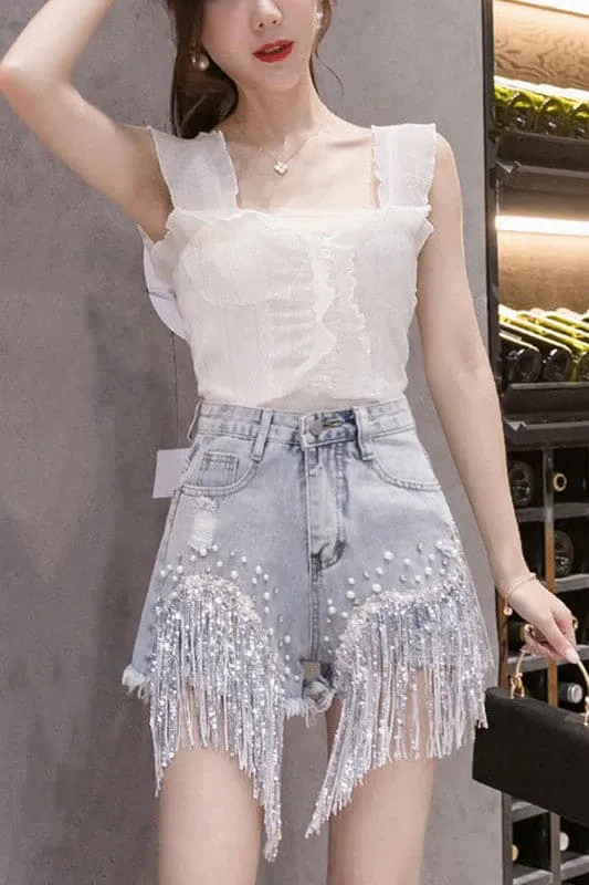 PN377 Rhinestone Pearl Denim Shorts