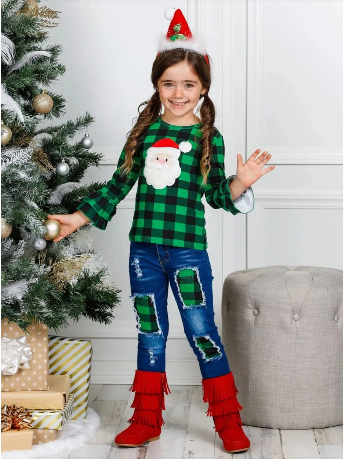 Pretty Please, Santa Plaid Patched Jeans Set