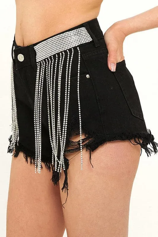 PY202 Rhinestones Fringes Shorts