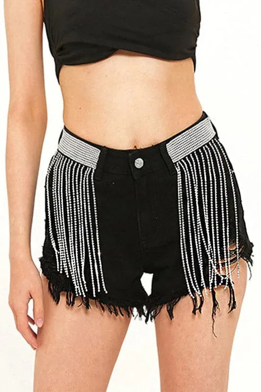 PY202 Rhinestones Fringes Shorts