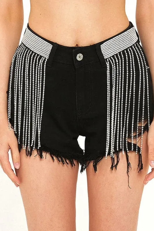 PY202 Rhinestones Fringes Shorts