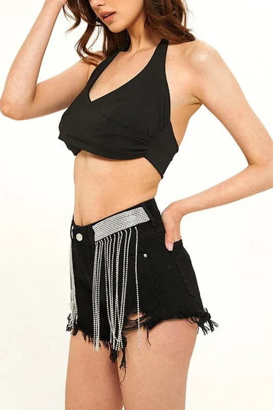 PY202 Rhinestones Fringes Shorts