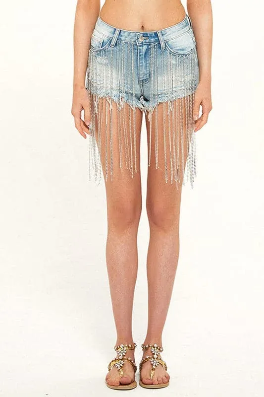 PY903 Tassel Ripped Short Jeans