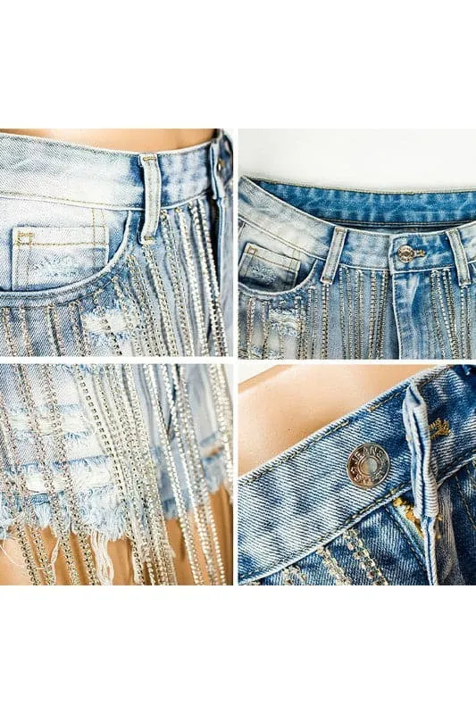 PY903 Tassel Ripped Short Jeans