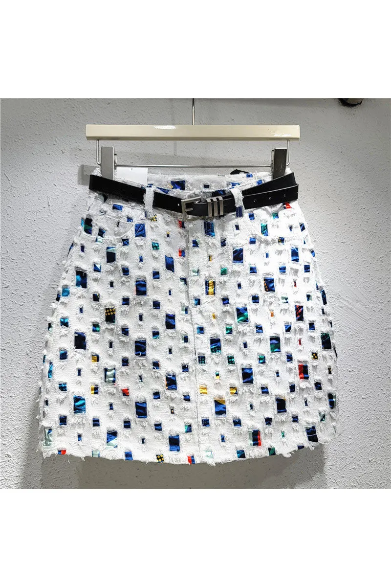 QM0186 Ragged Denim Short Skirt