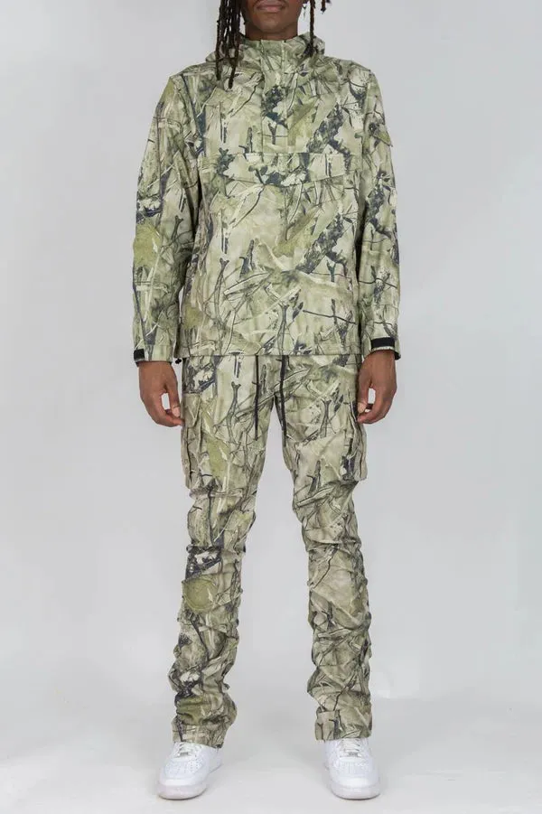 Rebel Minds - Camo Nylon Anorak & Stacked Cargo Pants Set - Sage Camo