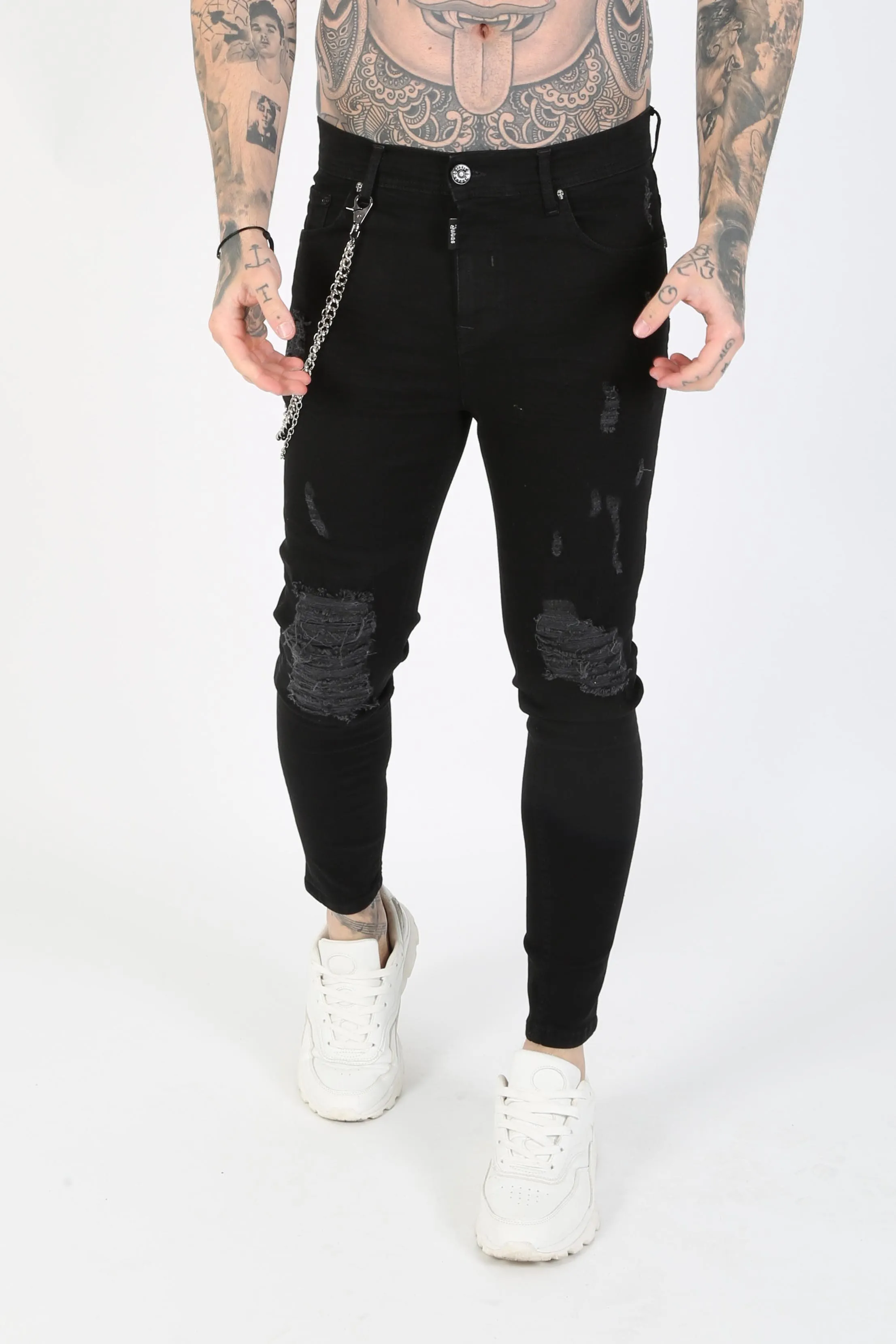 Ripped Chain Detail Ripped Skinny Jeans - Black