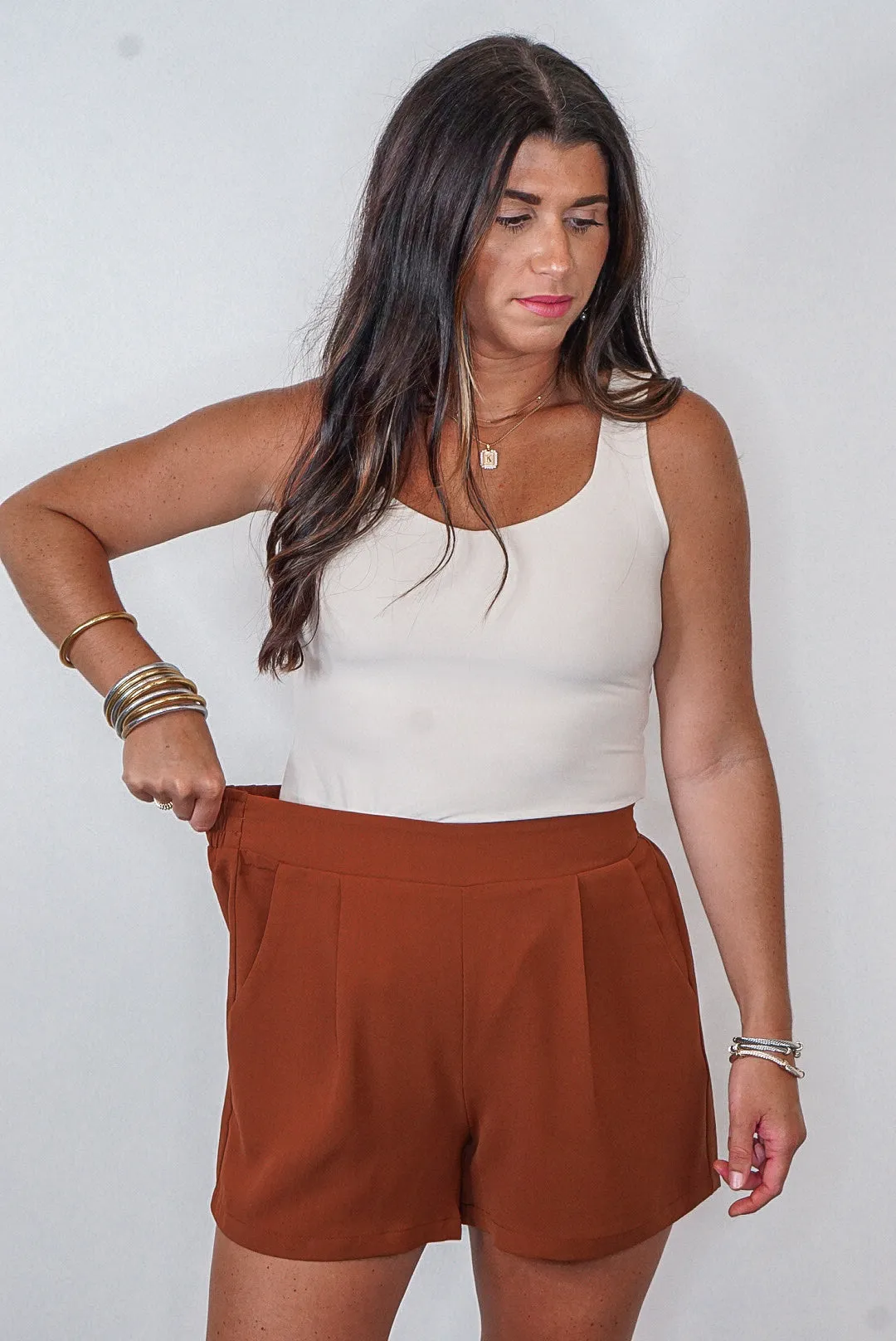 Stylish Hot Toffee Pleated Shorts