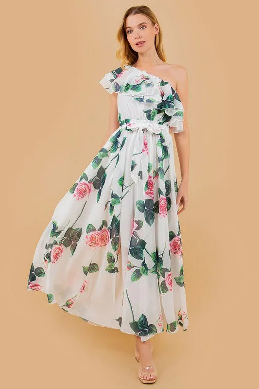 White Floral Print One Shoulder Belted Ruffle Dress