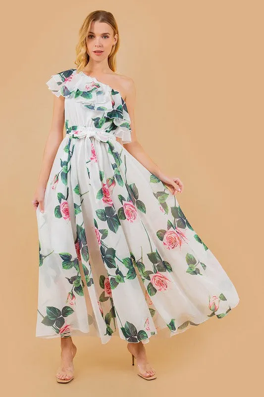 White Floral Print One Shoulder Belted Ruffle Dress