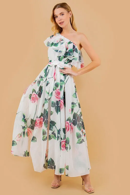 White Floral Print One Shoulder Belted Ruffle Dress